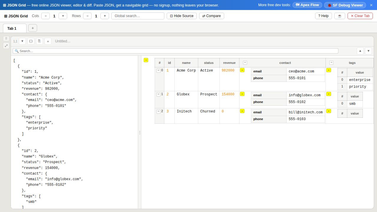 JSON Grid X rendering a JSON array as a navigable grid table