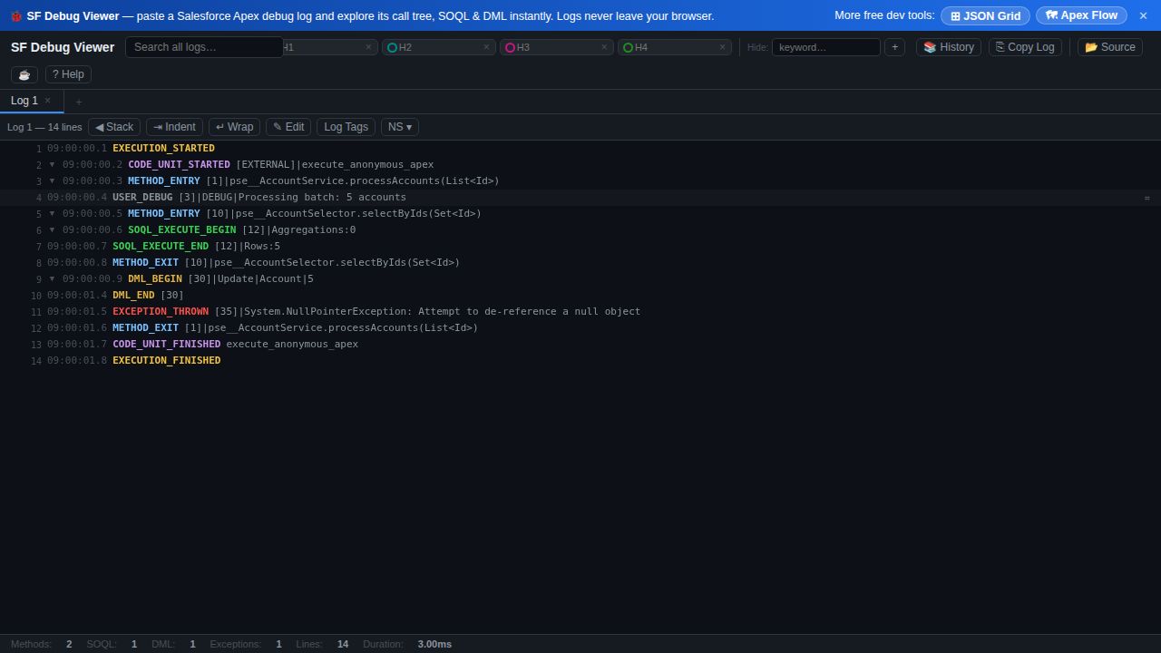 SF Debug Viewer X showing a parsed Apex debug log as a color-coded call tree